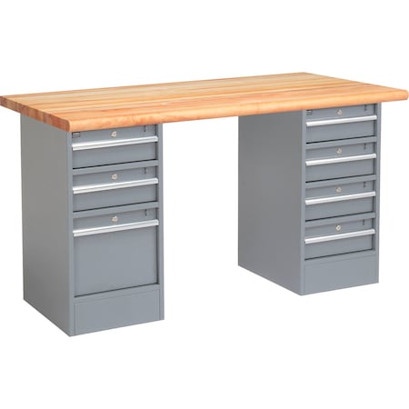 Global Industrial 72 x 30 Pedestal Workbench, 7 Drawers, Maple Block Safety Edge, Gray 607695